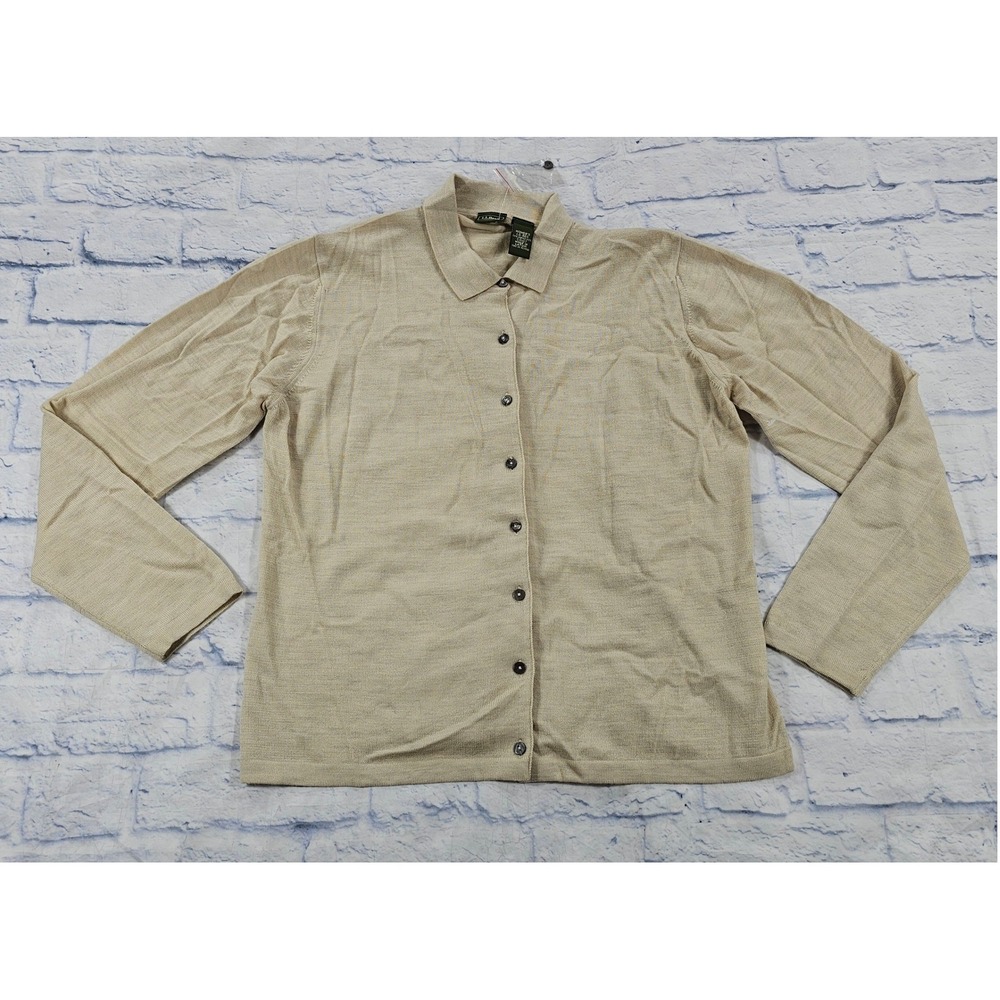LL Bean Cardigan Womens L Beige Merino Wool Collared Button Front Sweater VTG